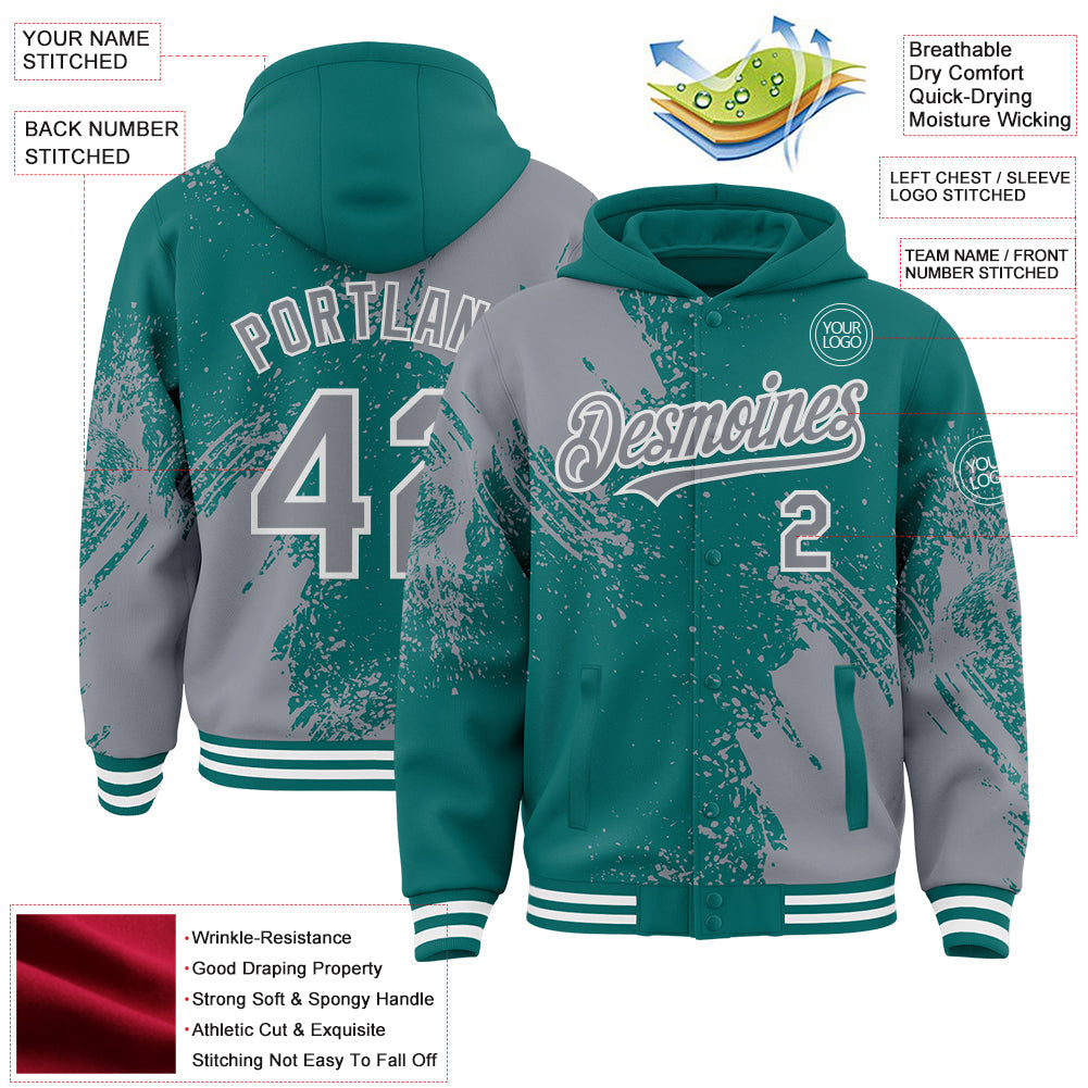 Custom Teal Gray-White Abstract Brush Stroke 3D Pattern Design Bomber Full-Snap Varsity Letterman Hoodie Jacket view 4