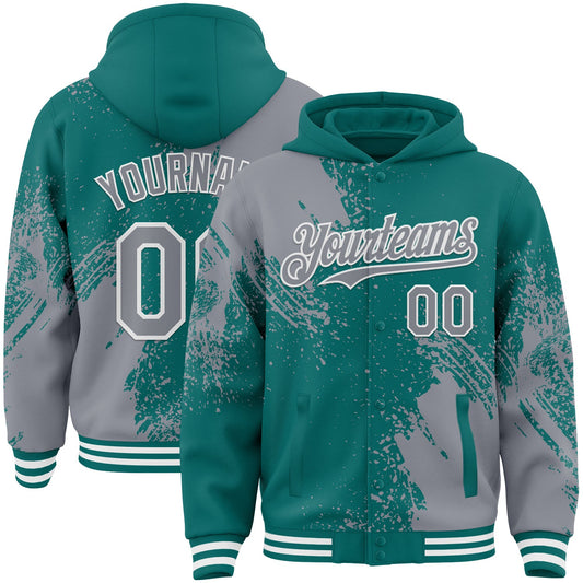 Custom Teal Gray-White Abstract Brush Stroke 3D Pattern Design Bomber Full-Snap Varsity Letterman Hoodie Jacket - Main View