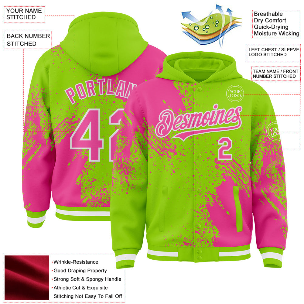 Custom Neon Green Pink-White Abstract Brush Stroke 3D Pattern Design Bomber Full-Snap Varsity Letterman Hoodie Jacket view 4
