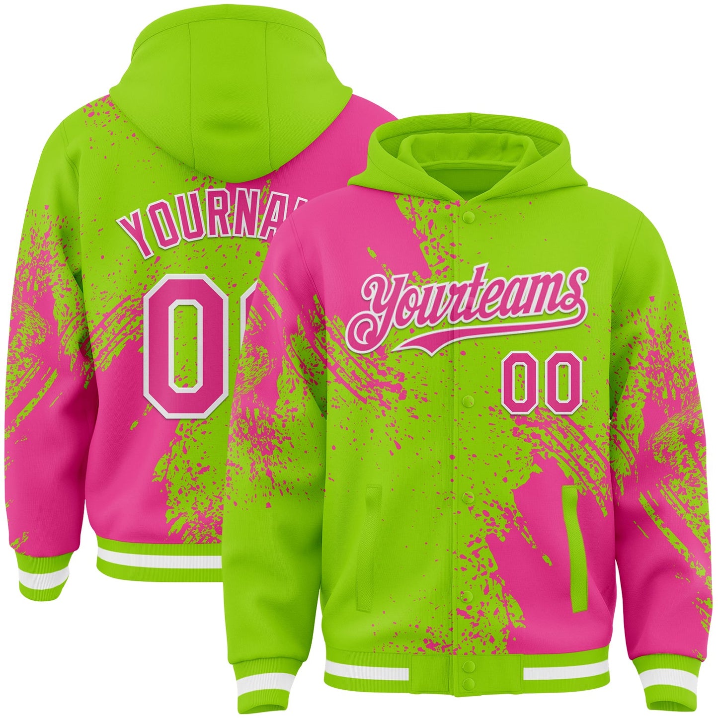 Custom Neon Green Pink-White Abstract Brush Stroke 3D Pattern Design Bomber Full-Snap Varsity Letterman Hoodie Jacket - Main View