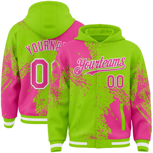 Custom Neon Green Pink-White Abstract Brush Stroke 3D Pattern Design Bomber Full-Snap Varsity Letterman Hoodie Jacket - Main View