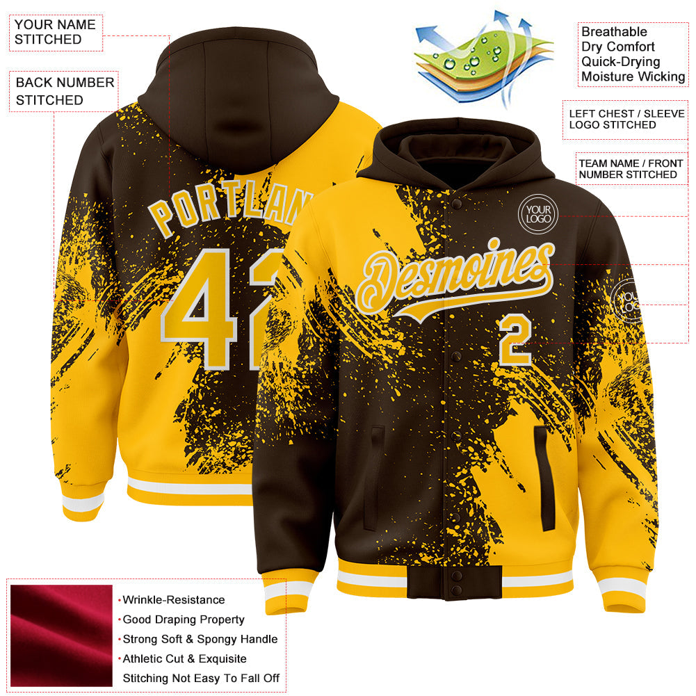 Custom Brown Gold-White Abstract Brush Stroke 3D Pattern Design Bomber Full-Snap Varsity Letterman Hoodie Jacket view 4