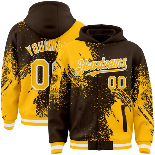 Custom Brown Gold-White Abstract Brush Stroke 3D Pattern Design Bomber Full-Snap Varsity Letterman Hoodie Jacket - Main View