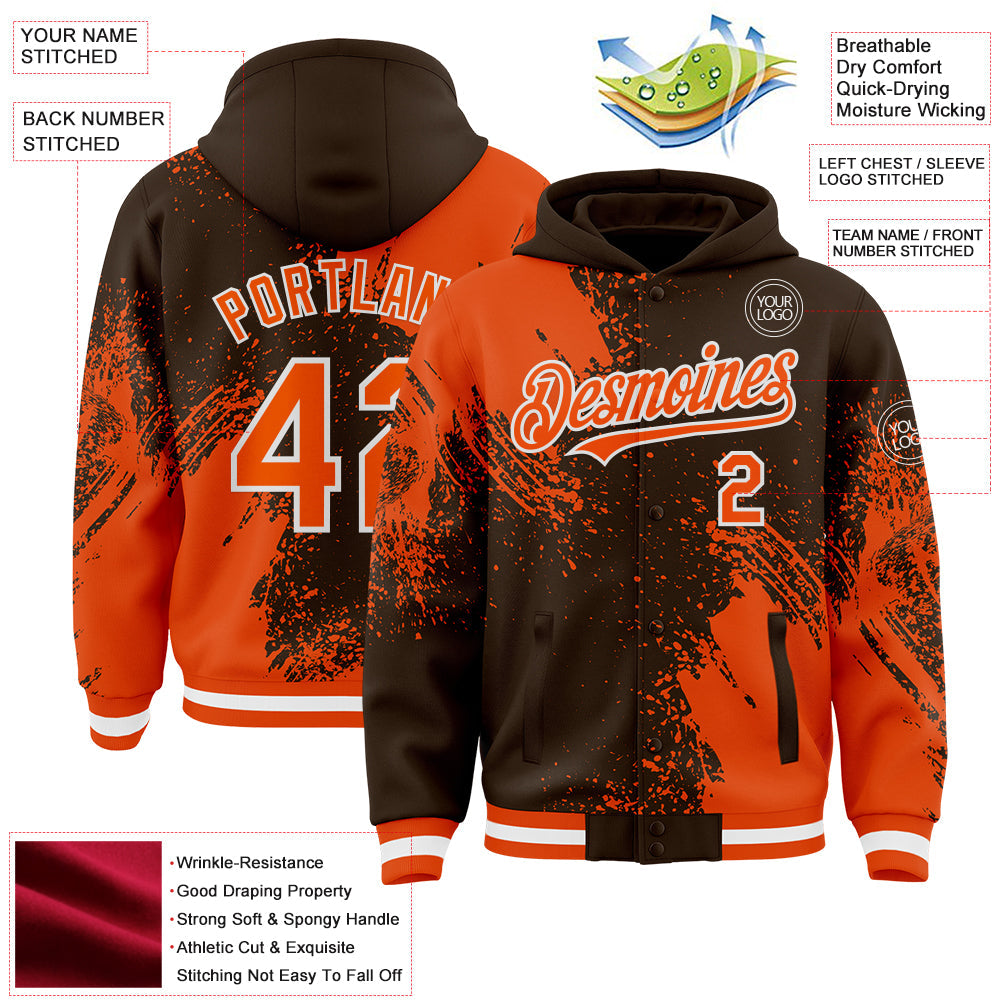 Custom Brown Orange-White Abstract Brush Stroke 3D Pattern Design Bomber Full-Snap Varsity Letterman Hoodie Jacket view 4