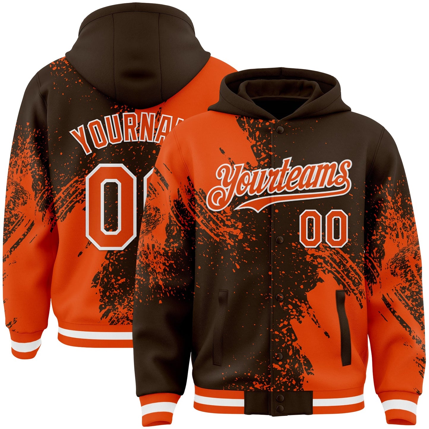 Custom Brown Orange-White Abstract Brush Stroke 3D Pattern Design Bomber Full-Snap Varsity Letterman Hoodie Jacket - Main View