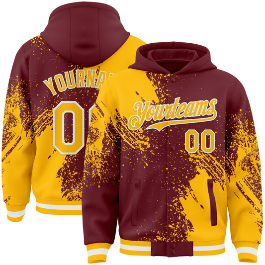 Custom Burgundy Gold-White Abstract Brush Stroke 3D Pattern Design Bomber Full-Snap Varsity Letterman Hoodie Jacket - Main View