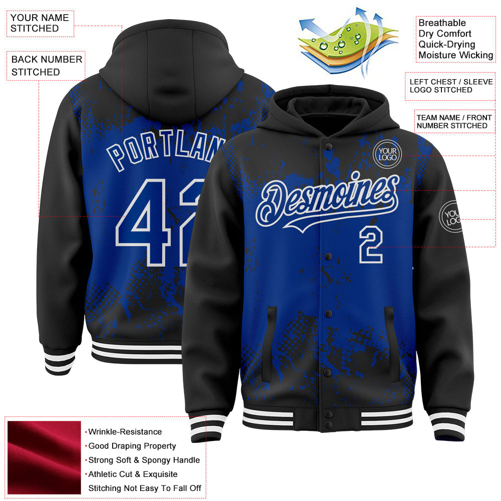 Custom Black Royal-White Splash Art 3D Pattern Design Bomber Full-Snap Varsity Letterman Hoodie Jacket view 4