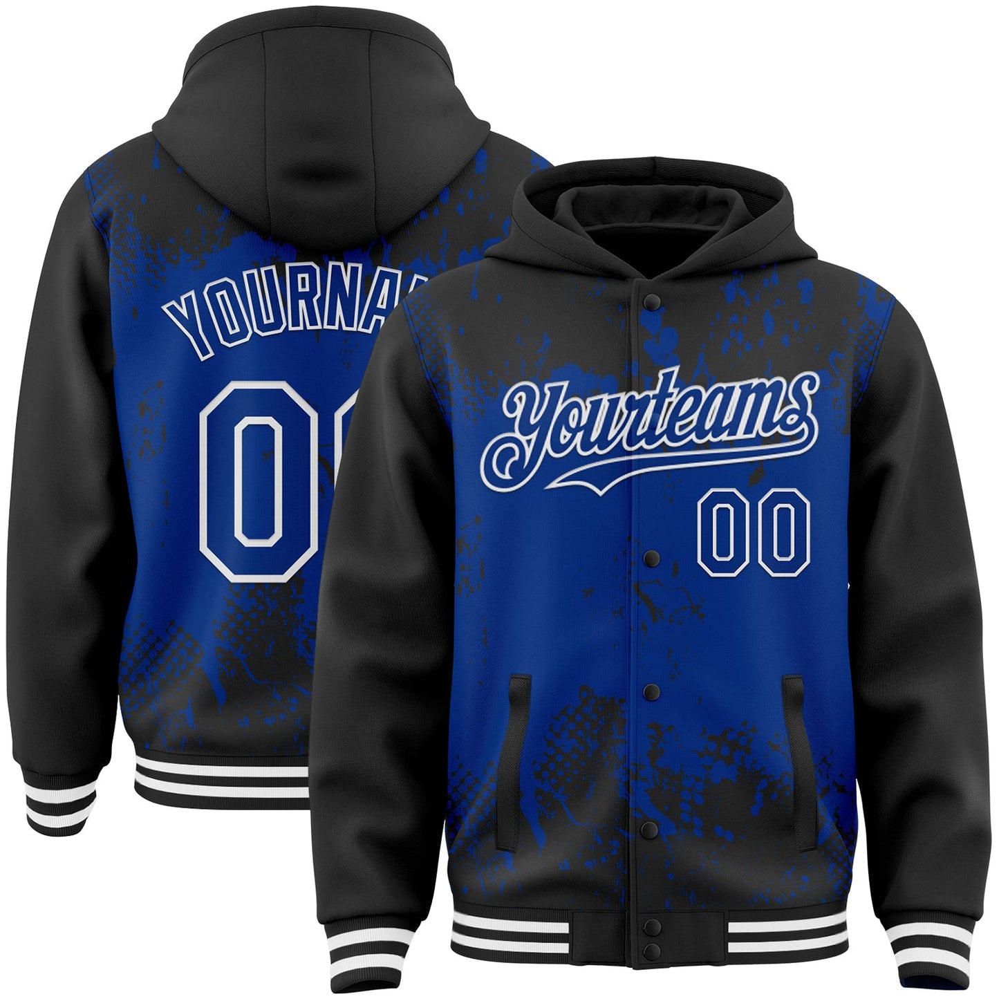 Custom Black Royal-White Splash Art 3D Pattern Design Bomber Full-Snap Varsity Letterman Hoodie Jacket - Main View