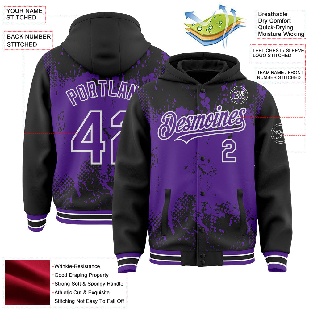 Custom Black Purple-White Splash Art 3D Pattern Design Bomber Full-Snap Varsity Letterman Hoodie Jacket view 4