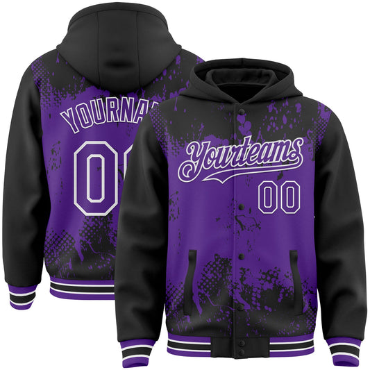 Custom Black Purple-White Splash Art 3D Pattern Design Bomber Full-Snap Varsity Letterman Hoodie Jacket - Main View