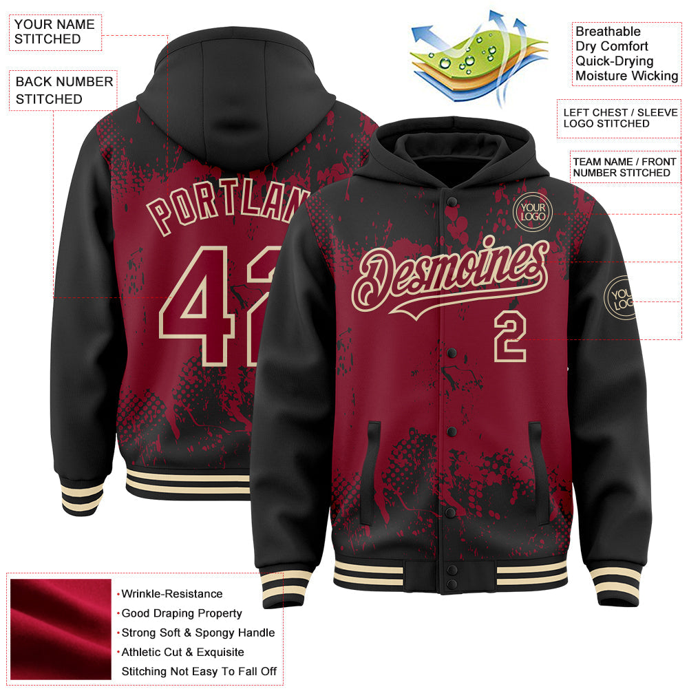 Custom Black Crimson-Cream Splash Art 3D Pattern Design Bomber Full-Snap Varsity Letterman Hoodie Jacket view 4