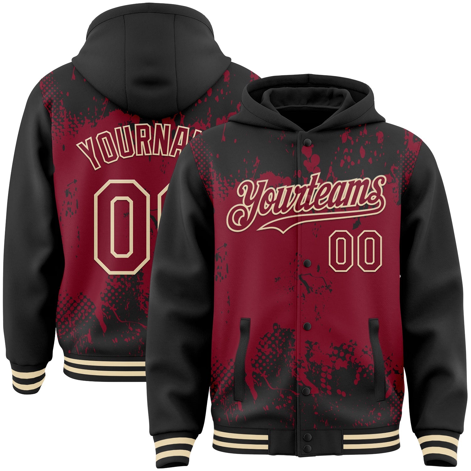 Custom Black Crimson-Cream Splash Art 3D Pattern Design Bomber Full-Snap Varsity Letterman Hoodie Jacket - Main View