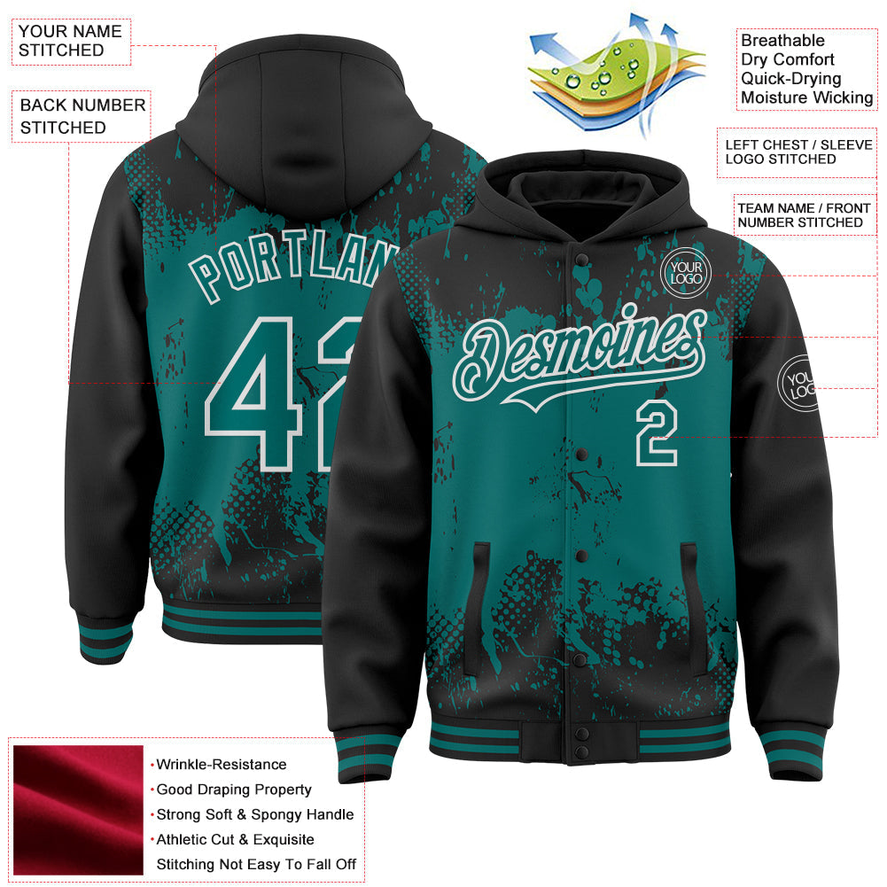 Custom Black Teal-White Splash Art 3D Pattern Design Bomber Full-Snap Varsity Letterman Hoodie Jacket view 4