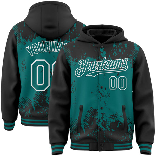 Custom Black Teal-White Splash Art 3D Pattern Design Bomber Full-Snap Varsity Letterman Hoodie Jacket - Main View