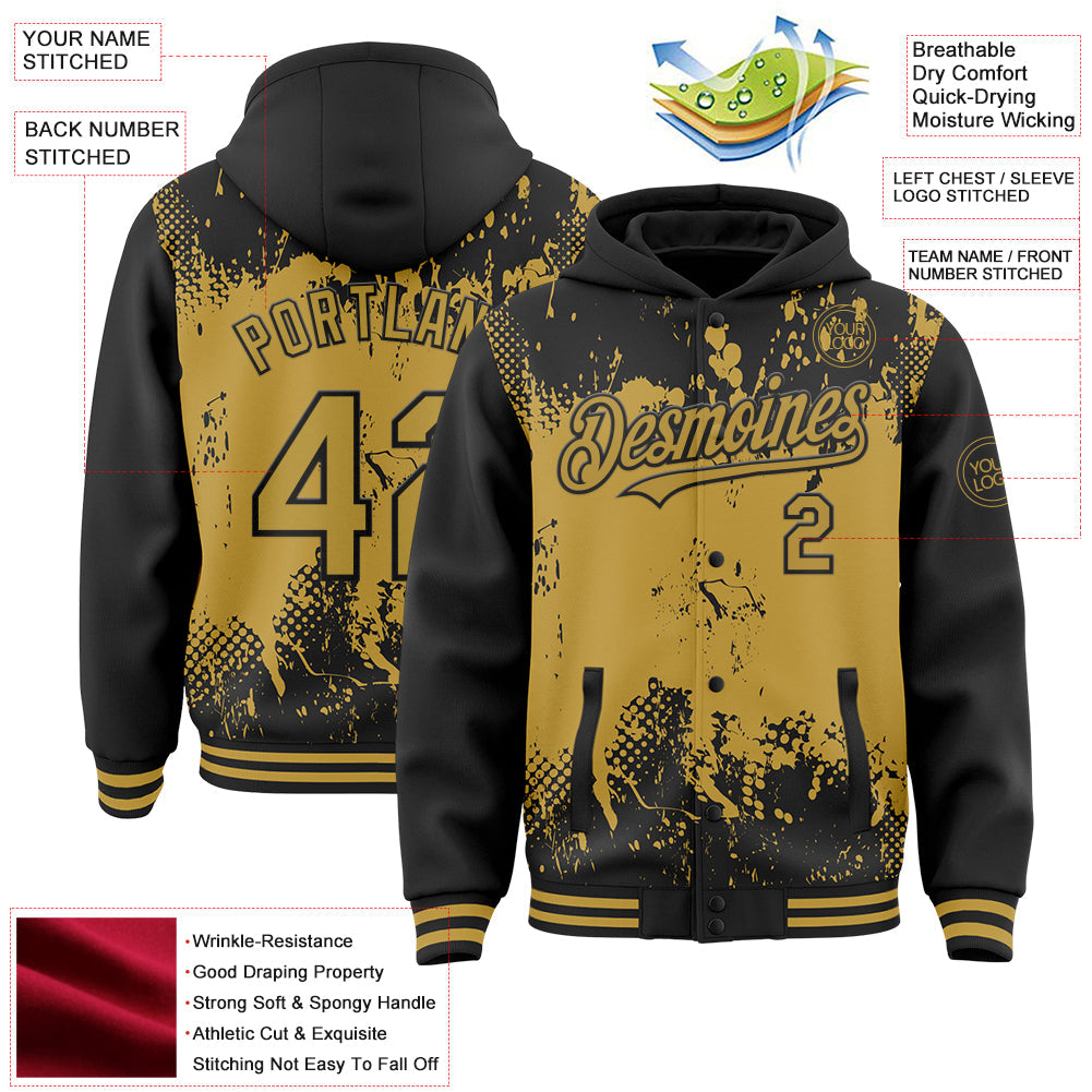 Custom Black Old Gold Splash Art 3D Pattern Design Bomber Full-Snap Varsity Letterman Hoodie Jacket view 4