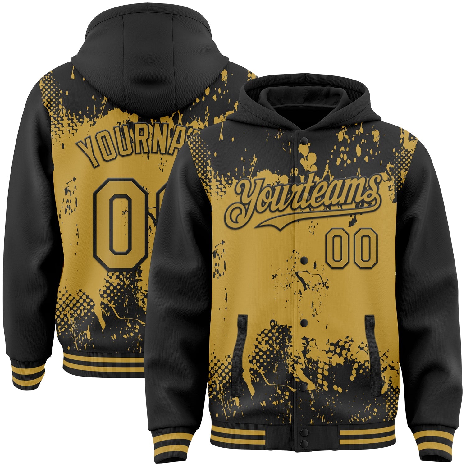Custom Black Old Gold Splash Art 3D Pattern Design Bomber Full-Snap Varsity Letterman Hoodie Jacket - Main View