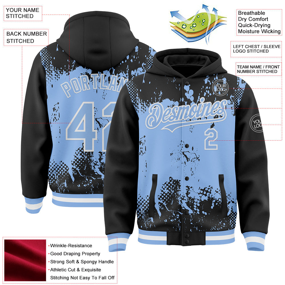 Custom Black Light Blue-White Splash Art 3D Pattern Design Bomber Full-Snap Varsity Letterman Hoodie Jacket view 4