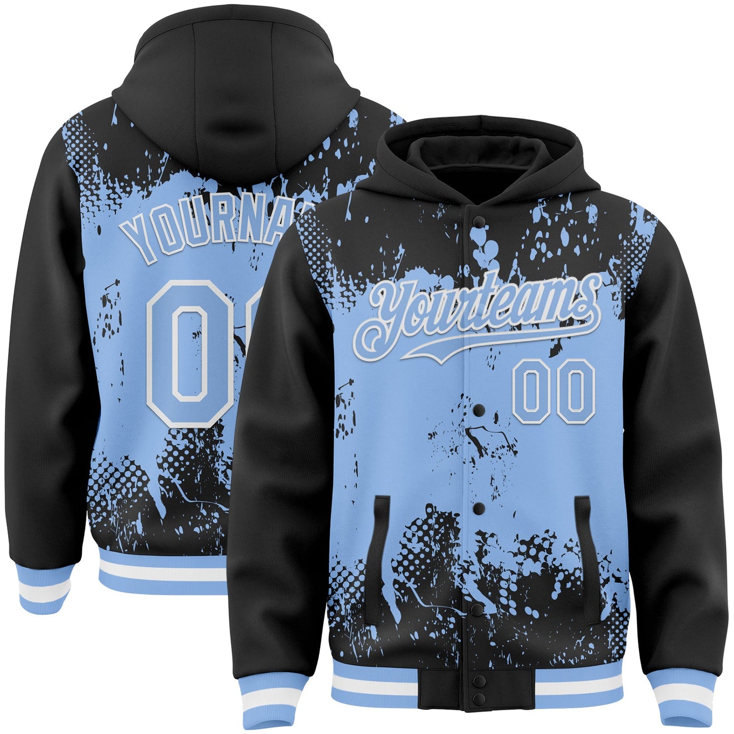 Custom Black Light Blue-White Splash Art 3D Pattern Design Bomber Full-Snap Varsity Letterman Hoodie Jacket - Main View