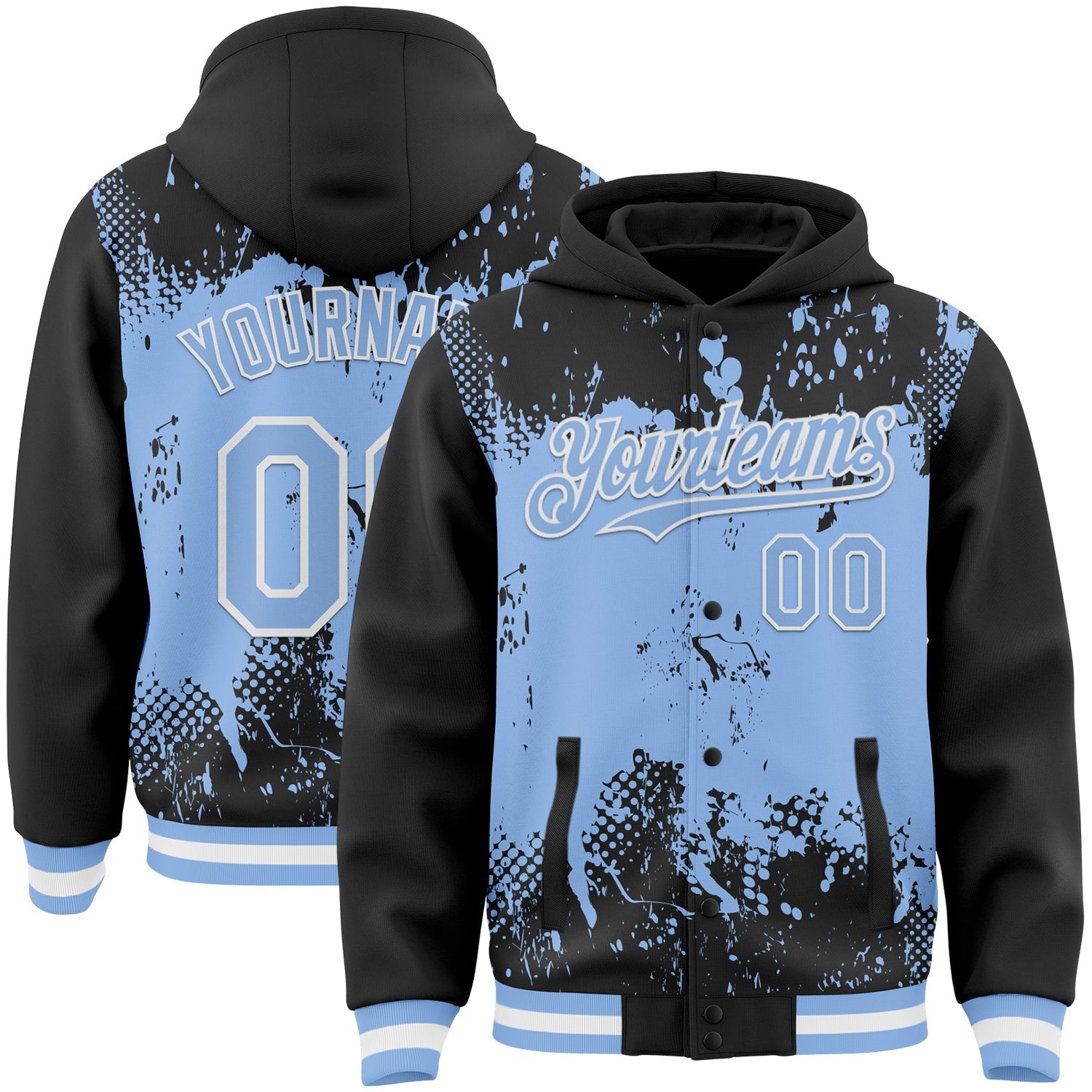 Custom Black Light Blue-White Splash Art 3D Pattern Design Bomber Full-Snap Varsity Letterman Hoodie Jacket - Main View