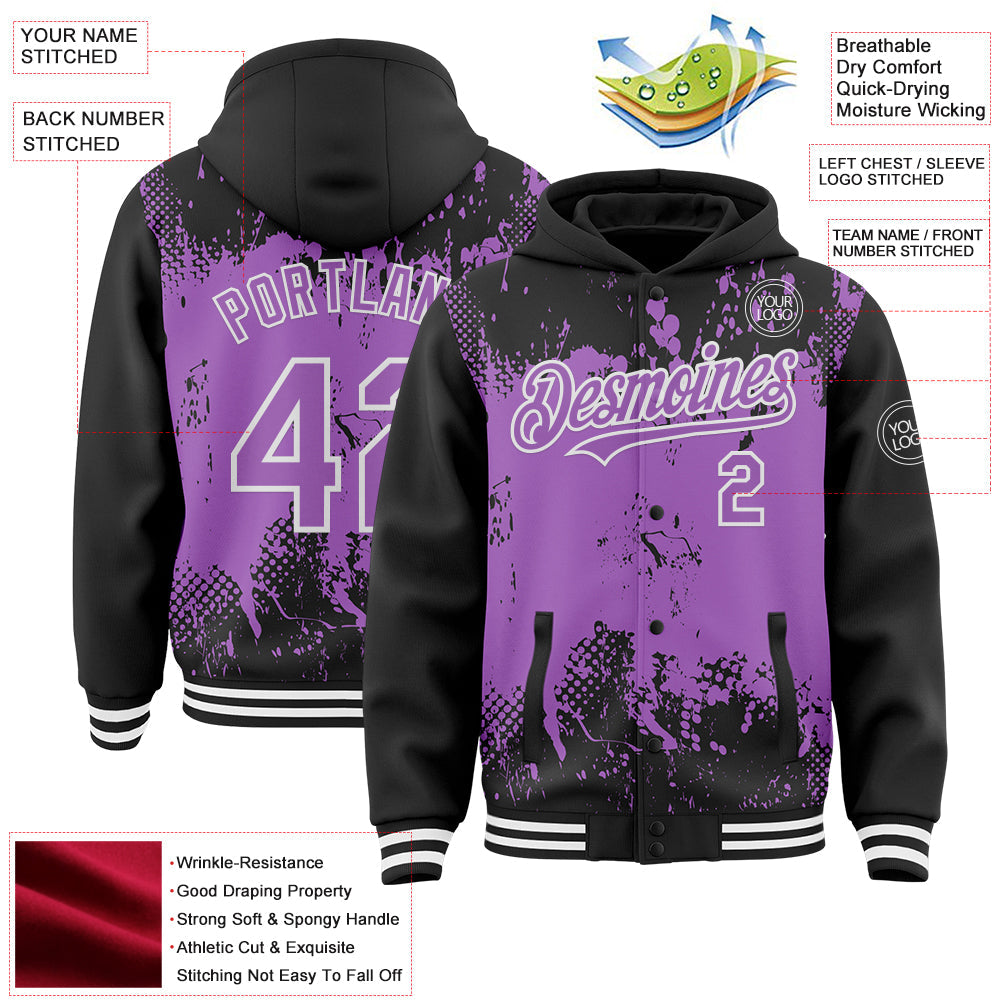 Custom Black Medium Purple-White Splash Art 3D Pattern Design Bomber Full-Snap Varsity Letterman Hoodie Jacket view 4