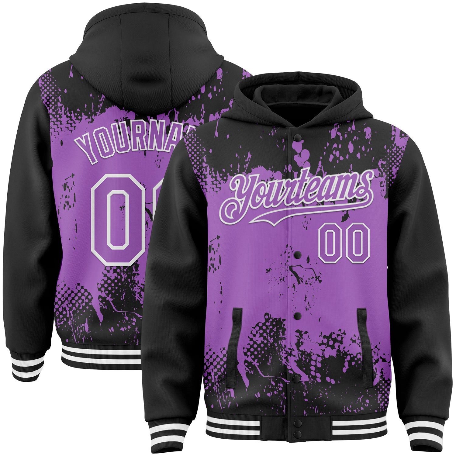 Custom Black Medium Purple-White Splash Art 3D Pattern Design Bomber Full-Snap Varsity Letterman Hoodie Jacket - Main View