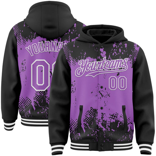 Custom Black Medium Purple-White Splash Art 3D Pattern Design Bomber Full-Snap Varsity Letterman Hoodie Jacket - Main View