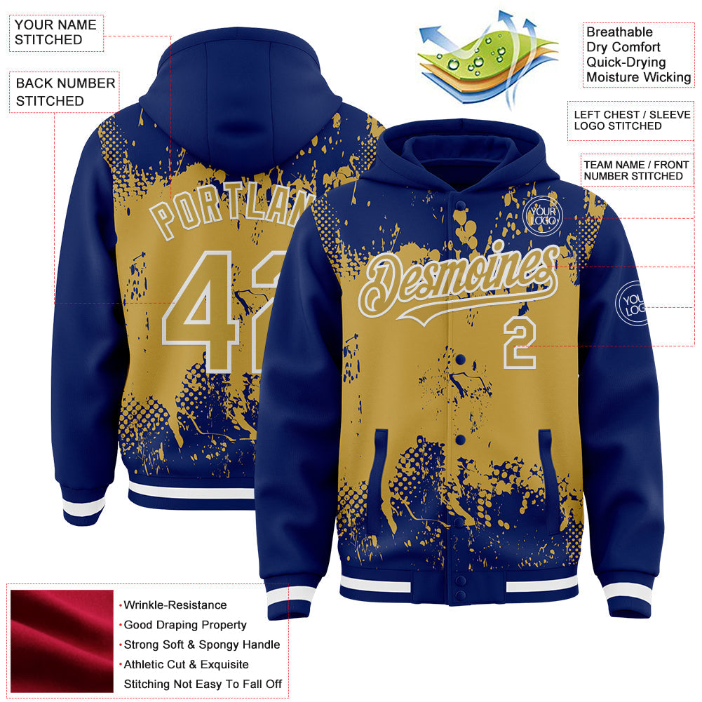 Custom Royal Old Gold-White Splash Art 3D Pattern Design Bomber Full-Snap Varsity Letterman Hoodie Jacket view 4