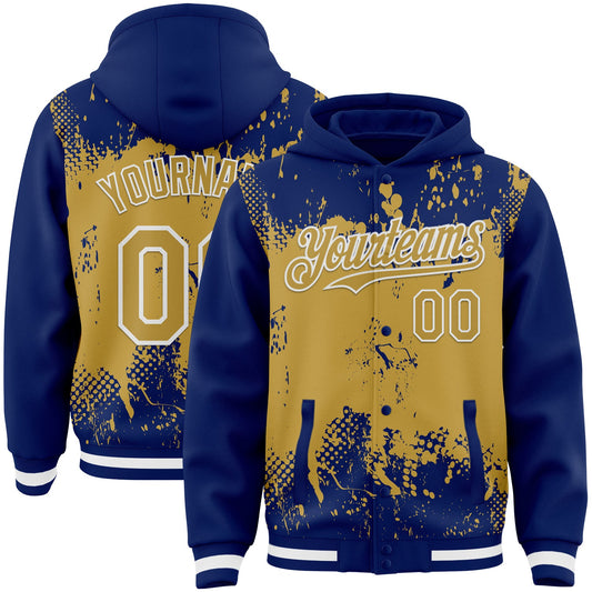 Custom Royal Old Gold-White Splash Art 3D Pattern Design Bomber Full-Snap Varsity Letterman Hoodie Jacket - Main View