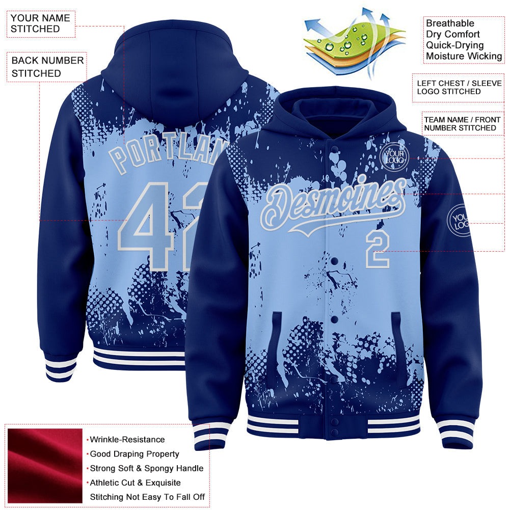Custom Royal Light Blue-White Splash Art 3D Pattern Design Bomber Full-Snap Varsity Letterman Hoodie Jacket view 4