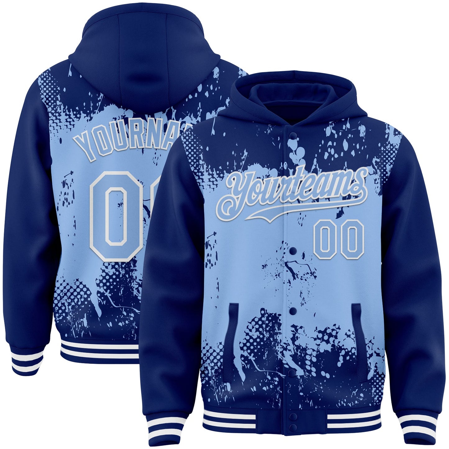 Custom Royal Light Blue-White Splash Art 3D Pattern Design Bomber Full-Snap Varsity Letterman Hoodie Jacket - Main View