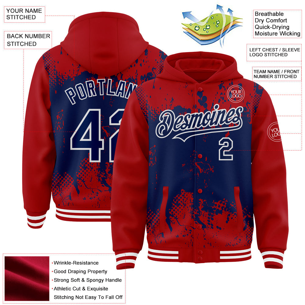 Custom Red Navy-White Splash Art 3D Pattern Design Bomber Full-Snap Varsity Letterman Hoodie Jacket view 4