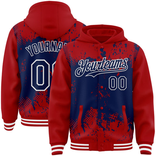Custom Red Navy-White Splash Art 3D Pattern Design Bomber Full-Snap Varsity Letterman Hoodie Jacket - Main View