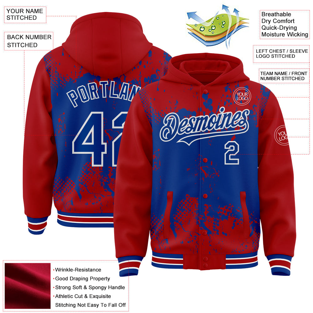 Custom Red Royal-White Splash Art 3D Pattern Design Bomber Full-Snap Varsity Letterman Hoodie Jacket view 4