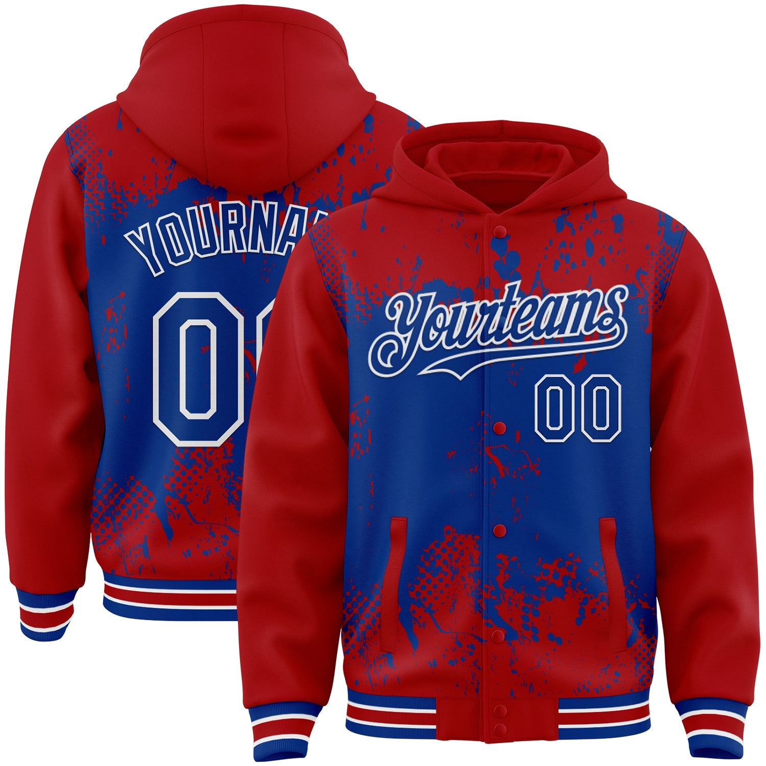 Custom Red Royal-White Splash Art 3D Pattern Design Bomber Full-Snap Varsity Letterman Hoodie Jacket - Main View