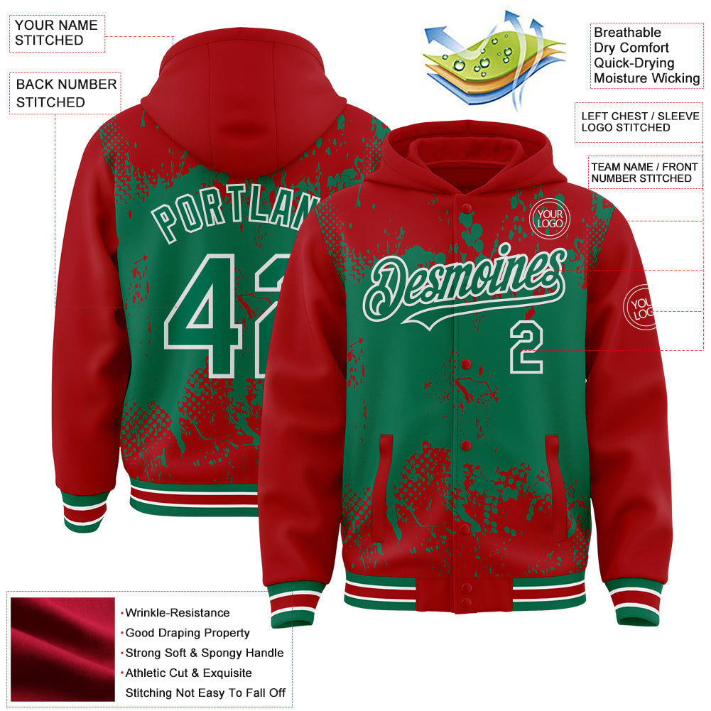 Custom Red Kelly Green-White Splash Art 3D Pattern Design Bomber Full-Snap Varsity Letterman Hoodie Jacket view 4