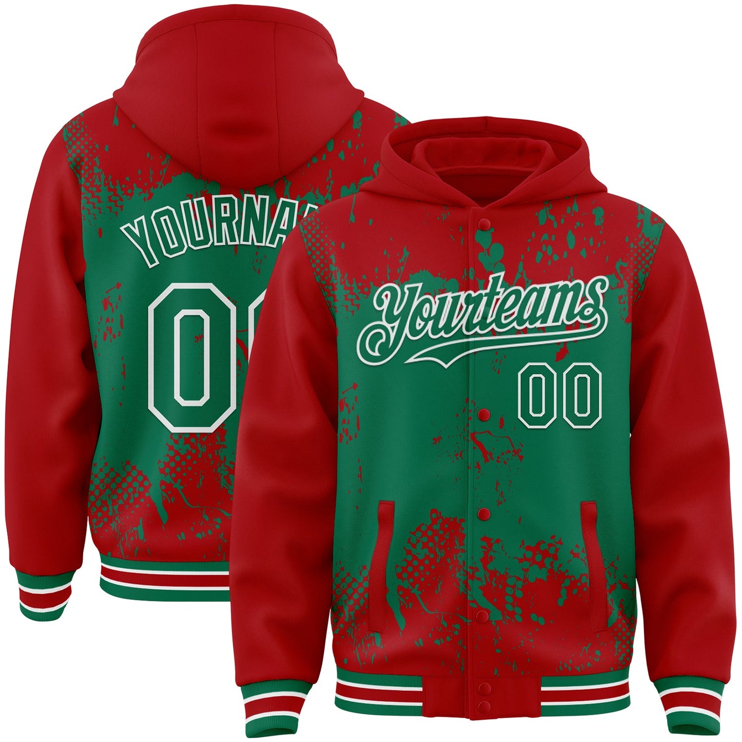 Custom Red Kelly Green-White Splash Art 3D Pattern Design Bomber Full-Snap Varsity Letterman Hoodie Jacket - Main View