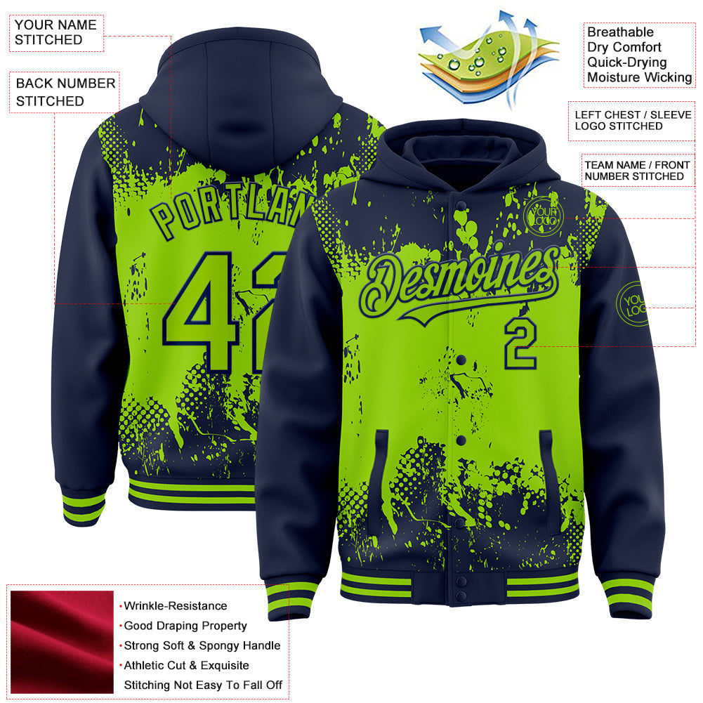 Custom Navy Neon Green Splash Art 3D Pattern Design Bomber Full-Snap Varsity Letterman Hoodie Jacket view 4