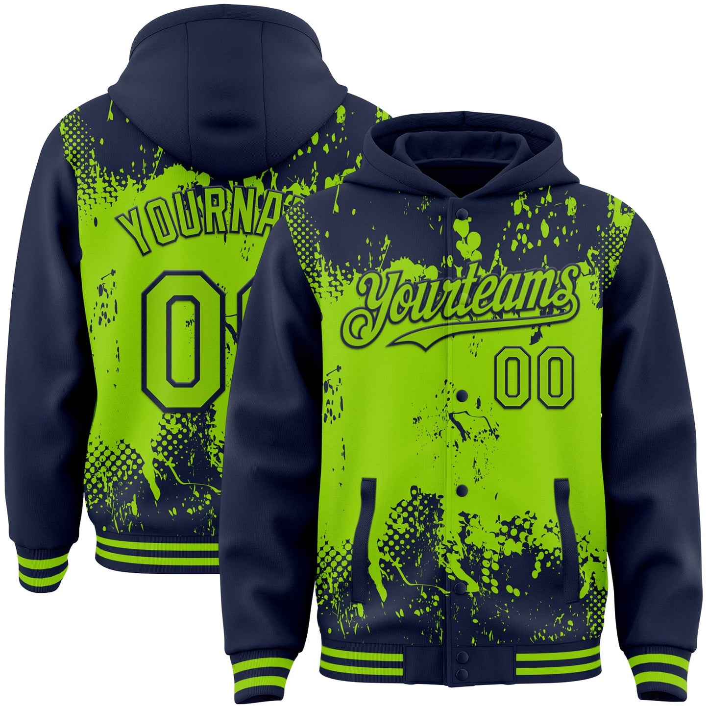 Custom Navy Neon Green Splash Art 3D Pattern Design Bomber Full-Snap Varsity Letterman Hoodie Jacket - Main View