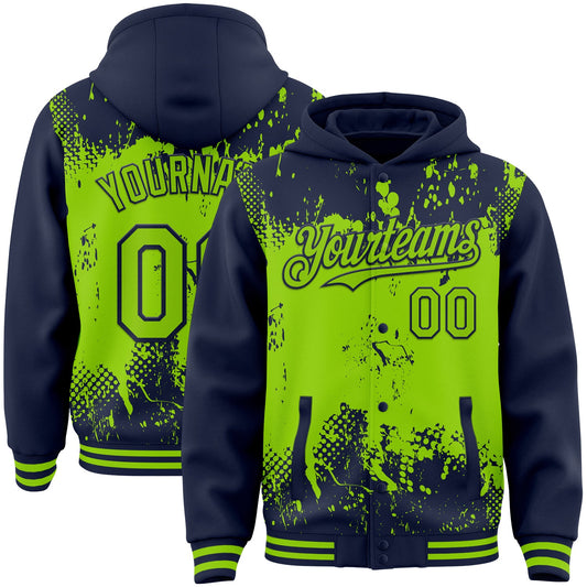 Custom Navy Neon Green Splash Art 3D Pattern Design Bomber Full-Snap Varsity Letterman Hoodie Jacket - Main View