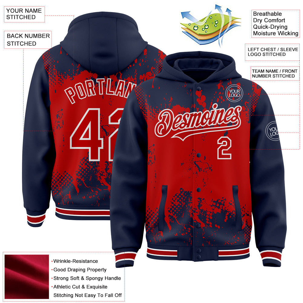 Custom Navy Red-White Splash Art 3D Pattern Design Bomber Full-Snap Varsity Letterman Hoodie Jacket view 4