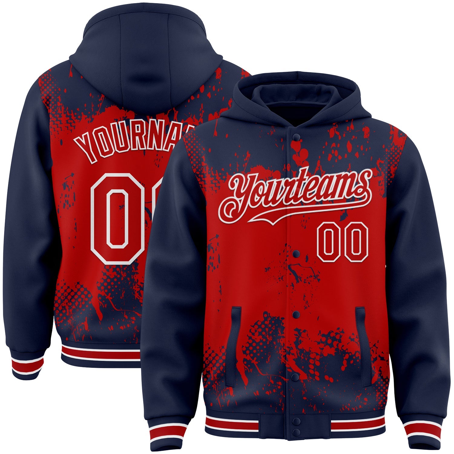 Custom Navy Red-White Splash Art 3D Pattern Design Bomber Full-Snap Varsity Letterman Hoodie Jacket - Main View