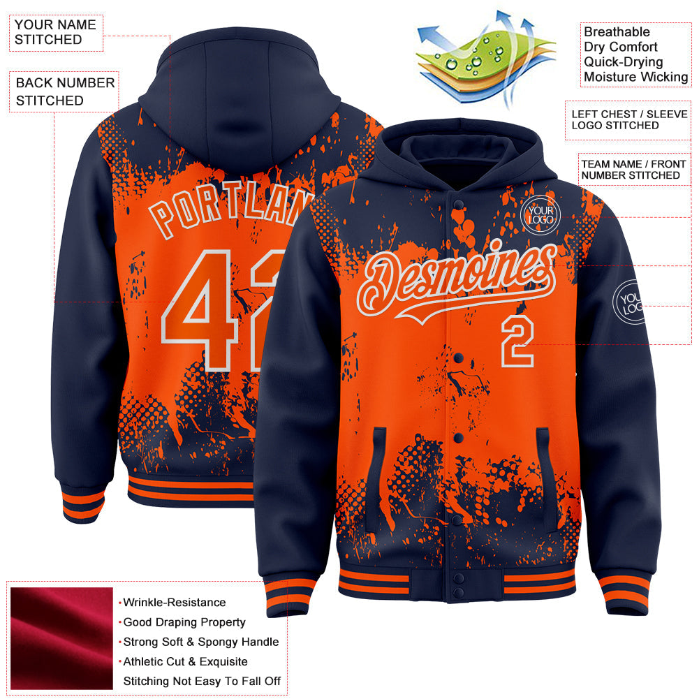 Custom Navy Orange-White Splash Art 3D Pattern Design Bomber Full-Snap Varsity Letterman Hoodie Jacket view 4