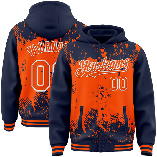 Custom Navy Orange-White Splash Art 3D Pattern Design Bomber Full-Snap Varsity Letterman Hoodie Jacket - Main View