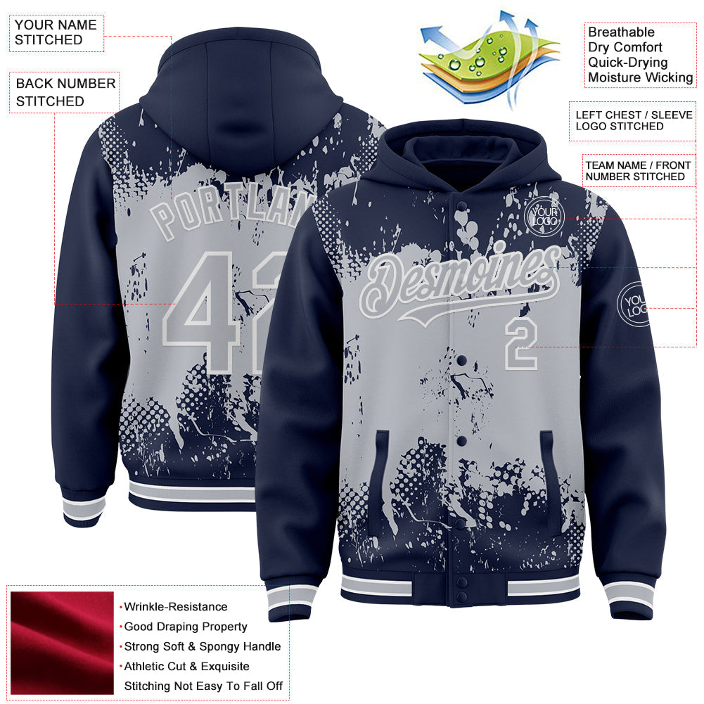 Custom Navy Gray-White Splash Art 3D Pattern Design Bomber Full-Snap Varsity Letterman Hoodie Jacket view 4