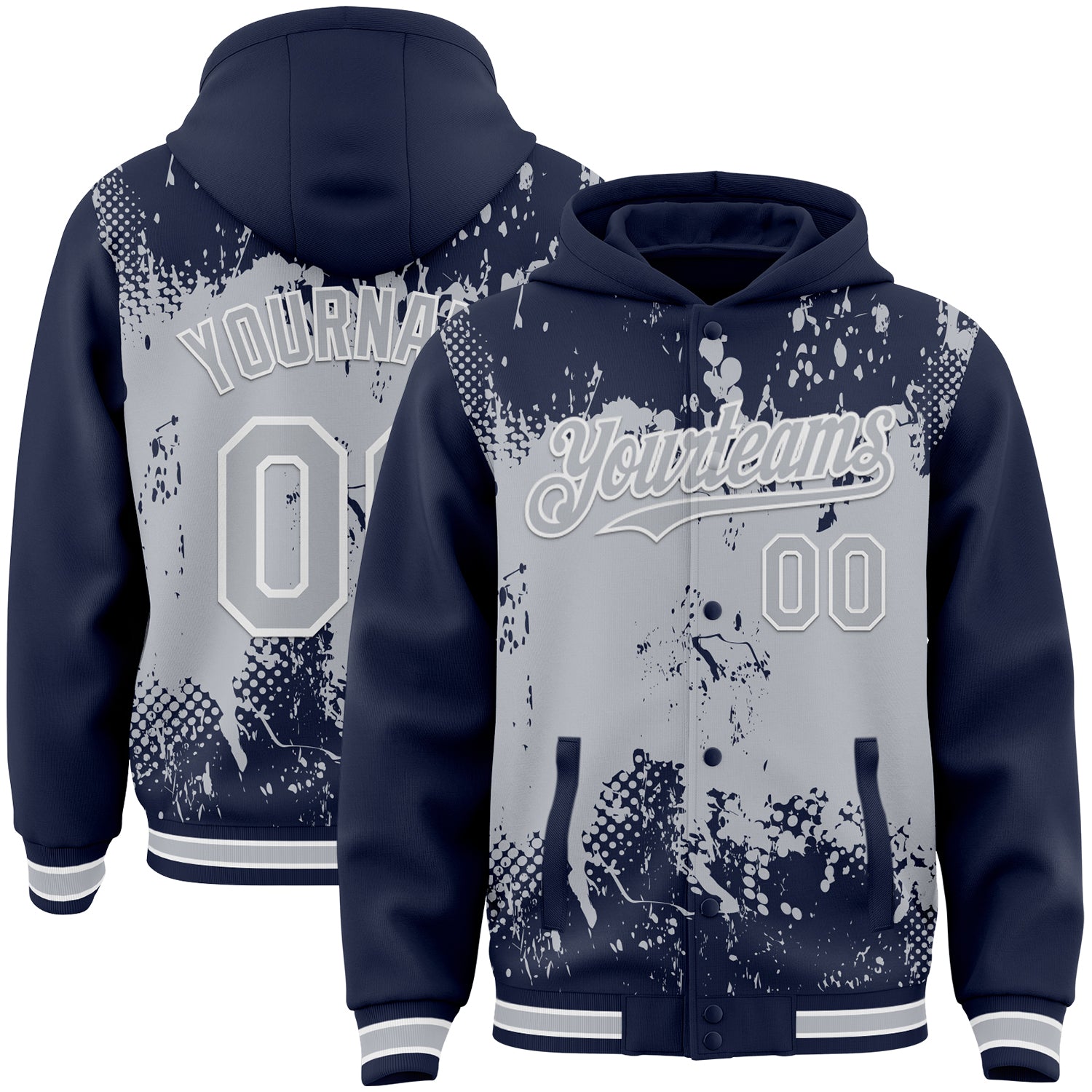 Custom Navy Gray-White Splash Art 3D Pattern Design Bomber Full-Snap Varsity Letterman Hoodie Jacket - Main View