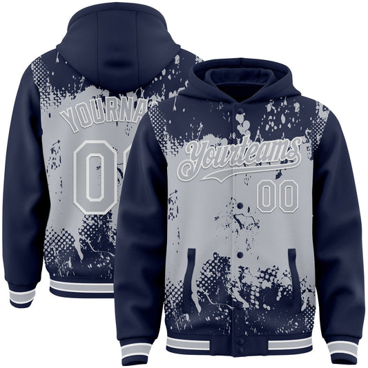 Custom Navy Gray-White Splash Art 3D Pattern Design Bomber Full-Snap Varsity Letterman Hoodie Jacket - Main View