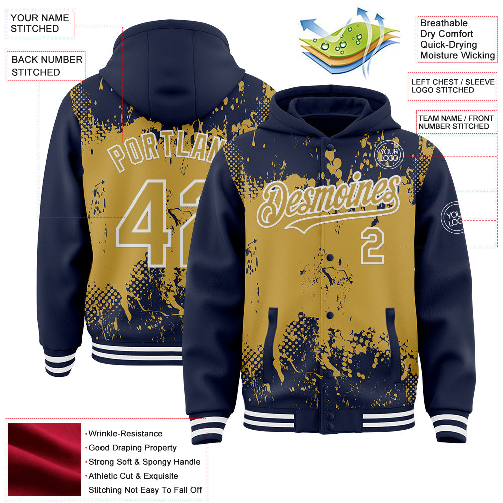 Custom Navy Old Gold-White Splash Art 3D Pattern Design Bomber Full-Snap Varsity Letterman Hoodie Jacket view 4