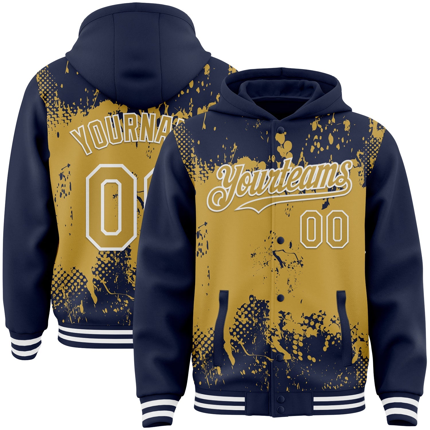 Custom Navy Old Gold-White Splash Art 3D Pattern Design Bomber Full-Snap Varsity Letterman Hoodie Jacket - Main View