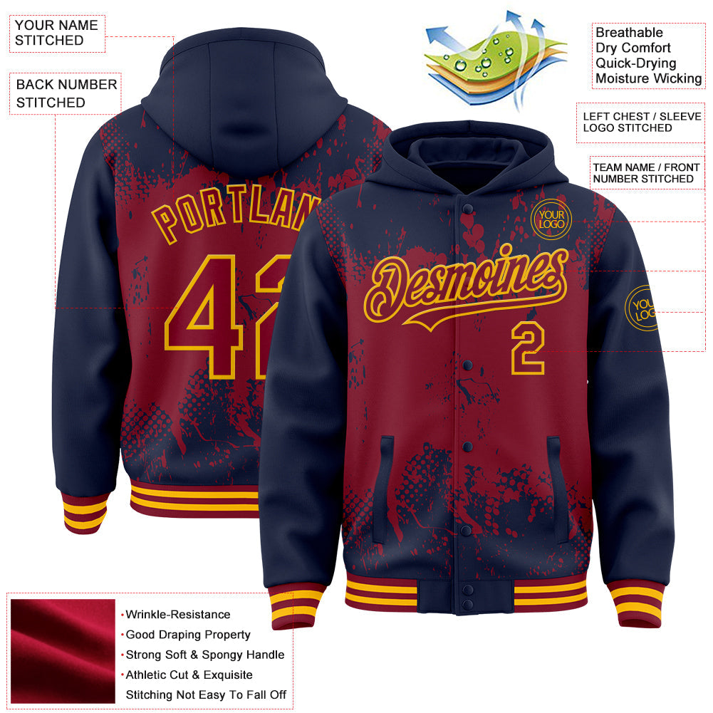 Custom Navy Crimson-Gold Splash Art 3D Pattern Design Bomber Full-Snap Varsity Letterman Hoodie Jacket view 4