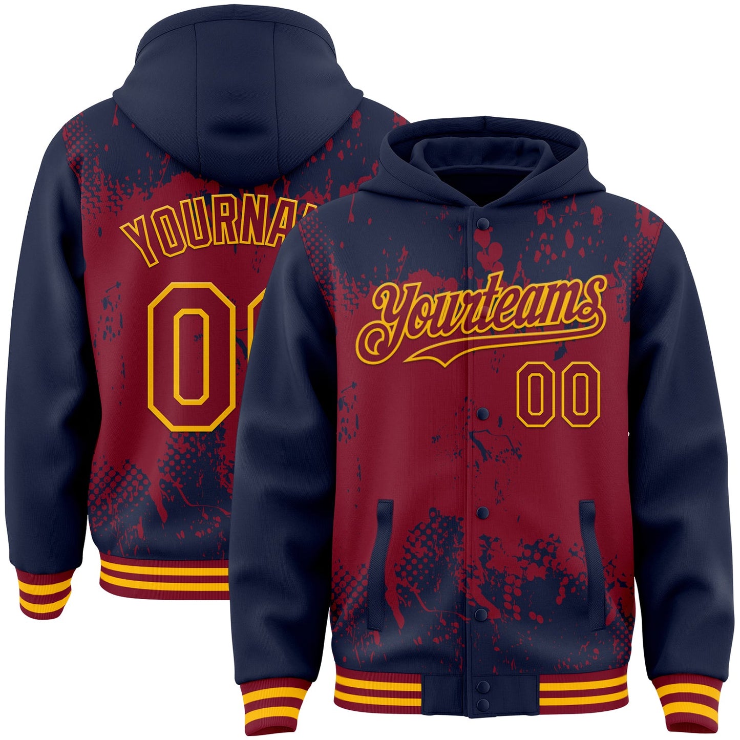 Custom Navy Crimson-Gold Splash Art 3D Pattern Design Bomber Full-Snap Varsity Letterman Hoodie Jacket - Main View